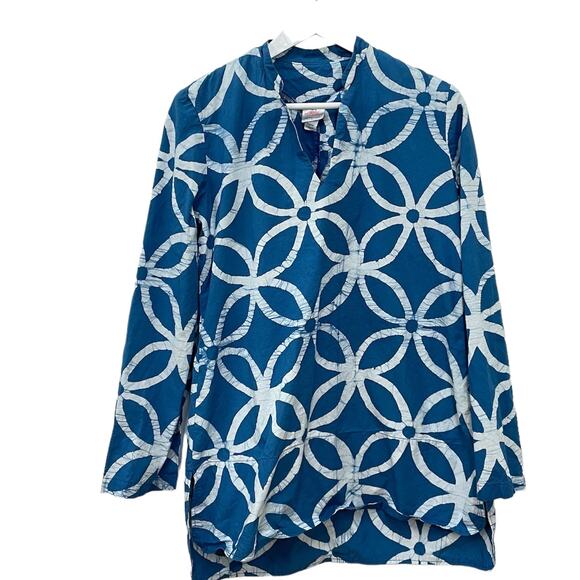 Global Mamas Blue Floral Batik Organic Cotton V-Neck Handmade Tunic Size L - Picture 7 of 8